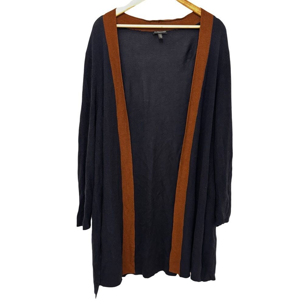 Eileen Fisher Long Open Cardigan Size 2X Tencel Lyocell Silk Navy Blue Brown